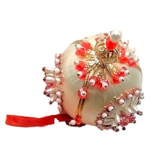 Vintage Beaded Push Pin Ornament Red Jewel White Satin Gold Silver Pearl 4" MCM - Picture 3 of 8